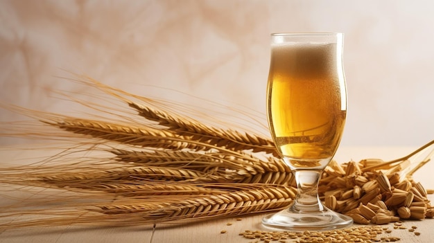 Un bicchiere di birra sullo sfondo di orecchie di grano AI generato