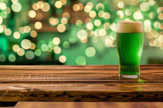 Un bicchiere di birra verde sul tavolo St. Patrick's Day concetto Ai generativo