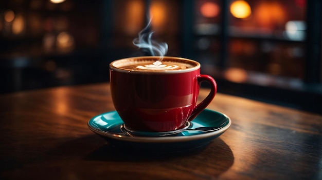 Un bicchiere di caffè caldo sul tavolo di legno