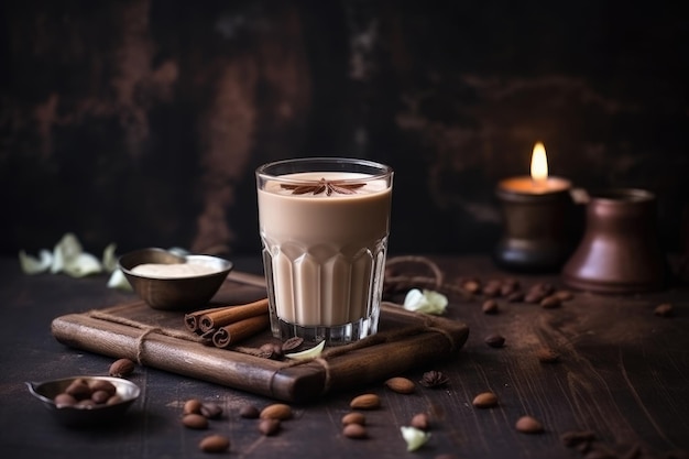 Un bicchiere di caffè con un frappè al cioccolato su un tavolo di legno con chicchi di caffè e chicchi di caffè