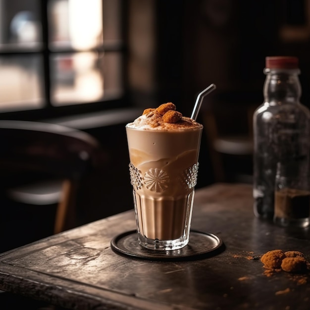 Un bicchiere di caffè con una cannuccia e una bottiglia di caffè sul tavolo