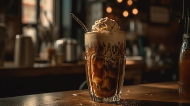 Un bicchiere di caffè freddo con dentro una cannuccia