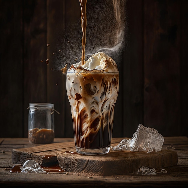 Un bicchiere di caffè ghiacciato con ghiaccio e una spruzzata di ghiaccio che vi viene versata dentro.