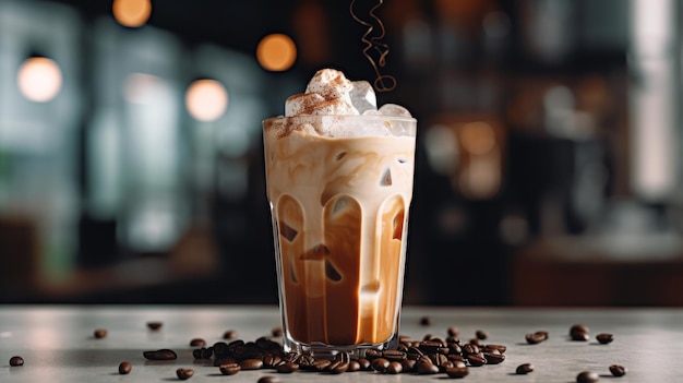 Un bicchiere di caffè ghiacciato con sopra un latte macchiato.