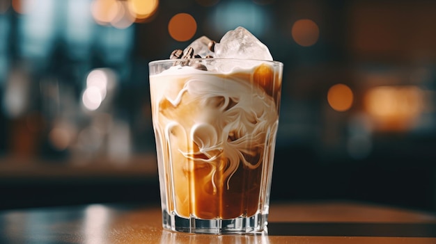 Un bicchiere di caffè ghiacciato si trova su un bancone bar con uno sfondo scuro.