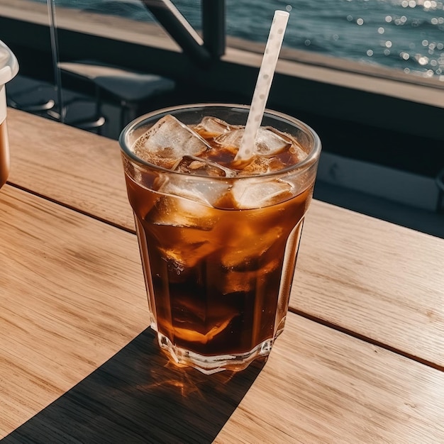 Un bicchiere di caffè ghiacciato si trova su un tavolo con una cannuccia.