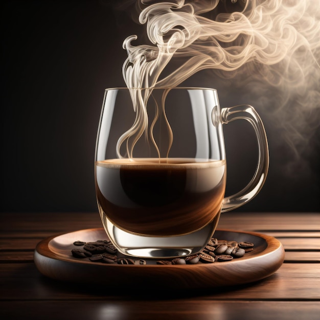 Un bicchiere di caffè su un piatto di legno