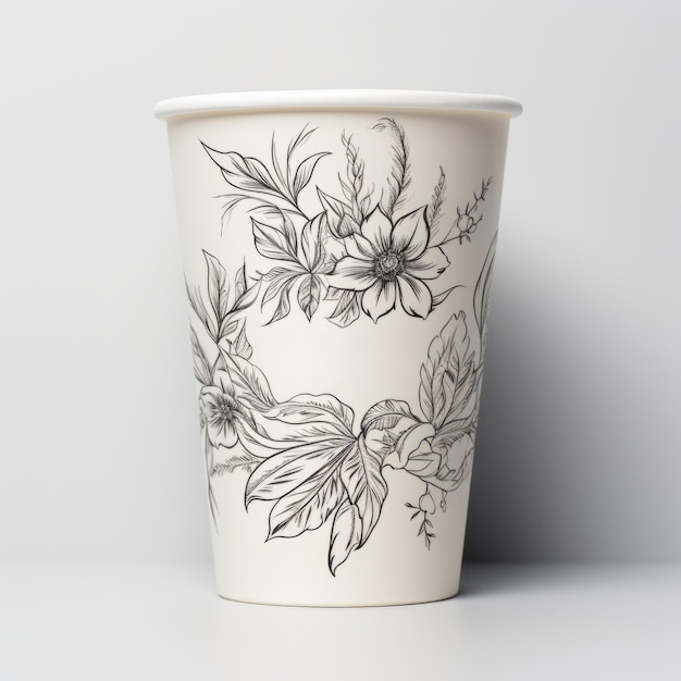 un bicchiere di carta con le parole "caffè cromont" è adornato con intricate illustrazioni botaniche. Il disegno combina elementi di crowcore, rendering simili a schizzi e raffigurazioni fotorealistiche, cre