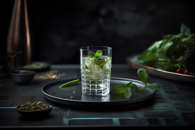 Un bicchiere di cocktail al basilico con un peperone verde su un vassoio