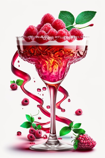 Un bicchiere di cocktail al lampone con un liquido rosso e un lampone sul fondo.