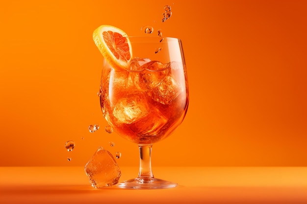 Un bicchiere di cocktail all'arancia con uno sfondo arancione e una spruzzata di liquido.