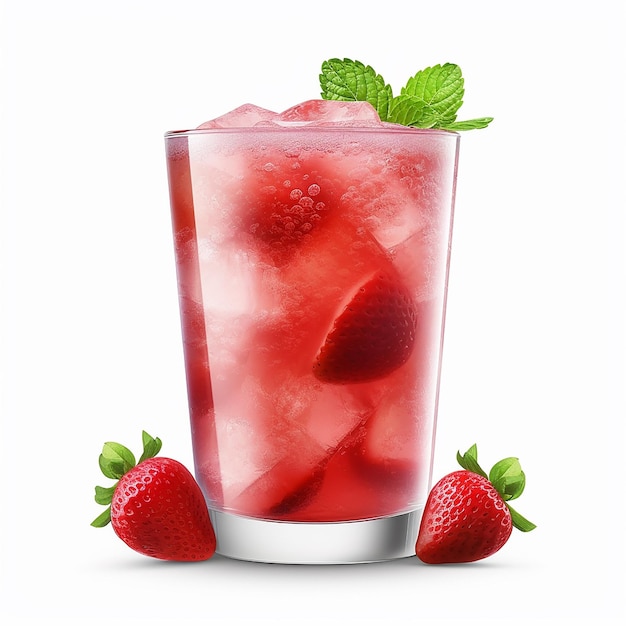 Un bicchiere di cocktail alla fragola con ghiaccio e una fragola sul fondo.