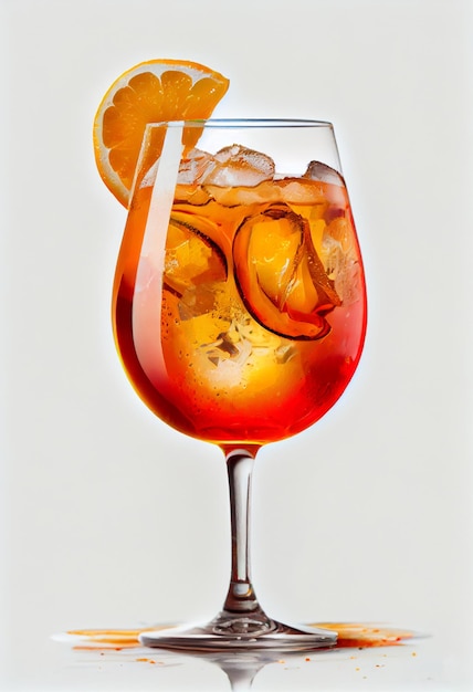 Un bicchiere di cocktail arancione e rosso con cubetti di ghiaccio e un bicchiere di liquido