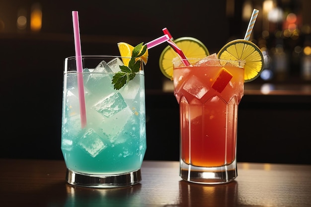Un bicchiere di cocktail con accanto una cannuccia e un drink con una cannuccia
