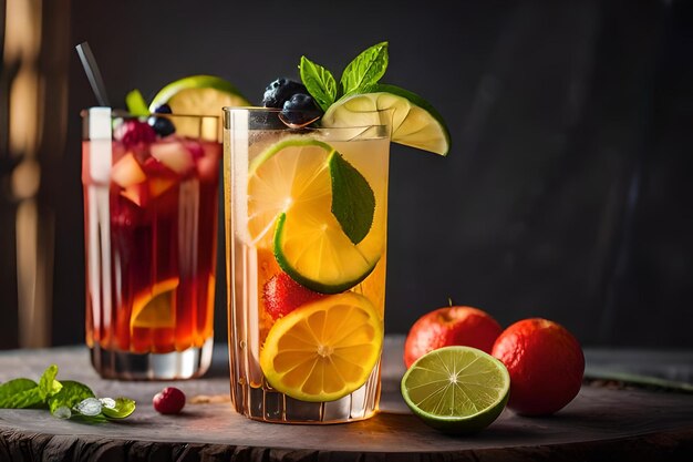 un bicchiere di cocktail con frutta e una fetta di lime.