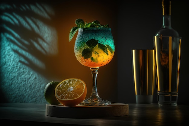 Un bicchiere di cocktail con sfondo chiaro incandescente Creato con Generative Ai