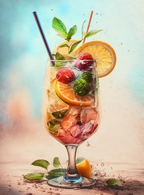 Un bicchiere di cocktail di frutta con una cannuccia e una cannuccia.