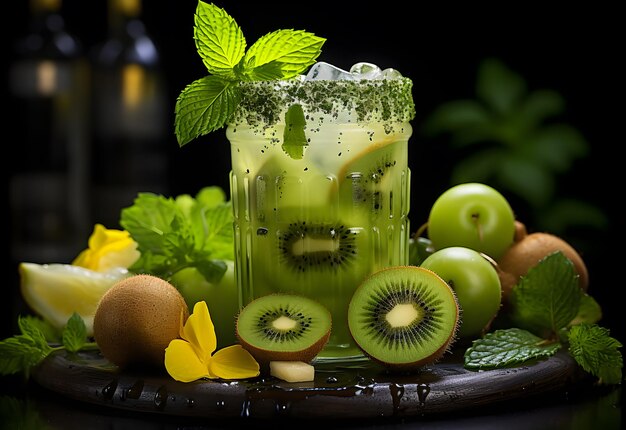 Un bicchiere di cocktail di kiwi con ghiaccio e menta su sfondo nero