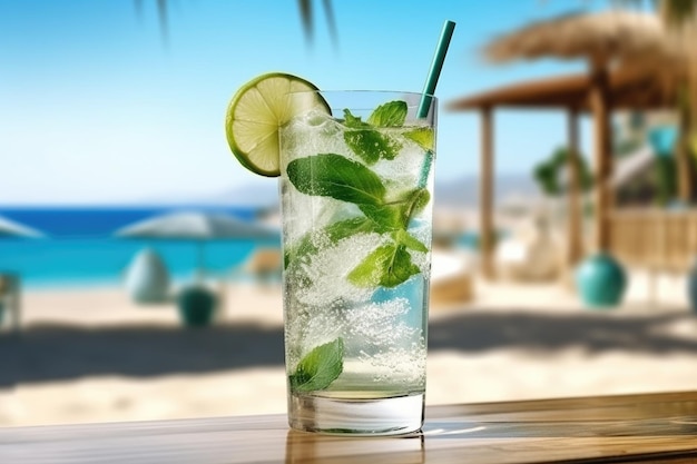 Un bicchiere di cocktail esotica estiva con ghiaccio e paglia sfocato sullo sfondo del paesaggio della spiaggia
