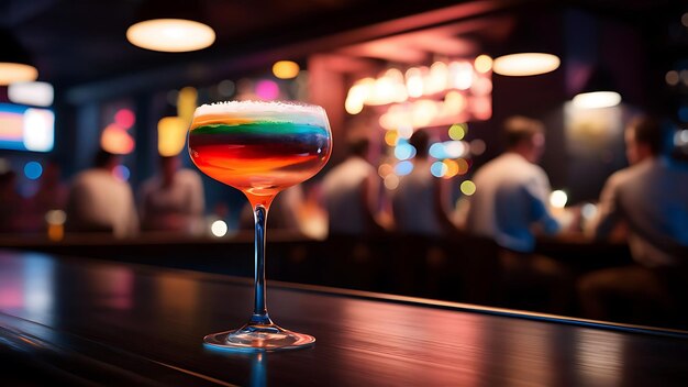 Un bicchiere di cocktail in un bar su uno sfondo sfocato e luminoso