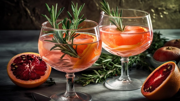 Un bicchiere di cocktail rosa con un rametto di rosmarino in cima.