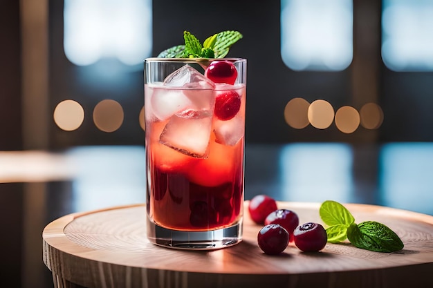 un bicchiere di cocktail rosso con ciliegie e foglie verdi.