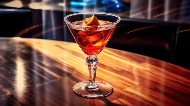 Un bicchiere di cocktail rosso con sopra un limone.