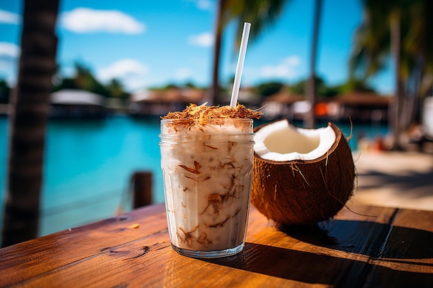 un bicchiere di cocktail sulla spiaggia