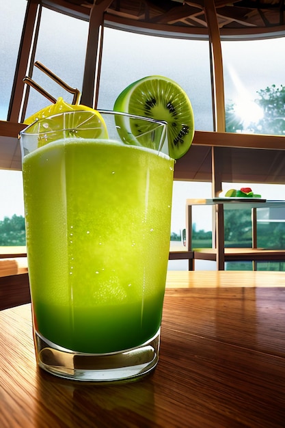 Un bicchiere di deliziosa bevanda al kiwi verde sul tavolo della cucina