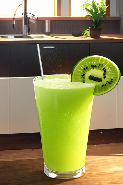 Un bicchiere di deliziosa bevanda al kiwi verde sul tavolo della cucina