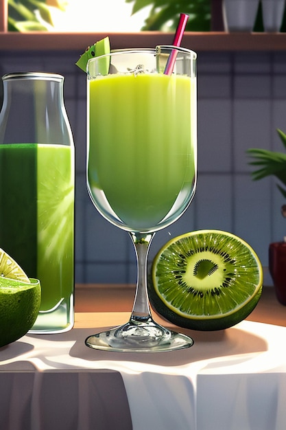 Un bicchiere di deliziosa bevanda al kiwi verde sul tavolo della cucina