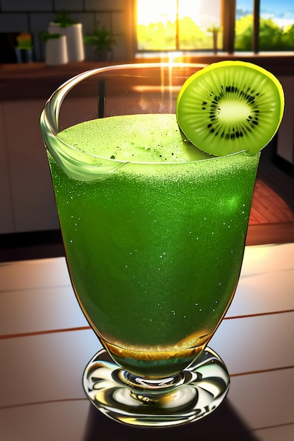 Un bicchiere di deliziosa bevanda al kiwi verde sul tavolo della cucina