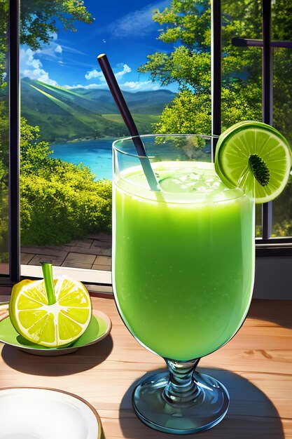 Un bicchiere di deliziosa bevanda al kiwi verde sul tavolo della cucina