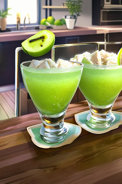 Un bicchiere di deliziosa bevanda al kiwi verde sul tavolo della cucina