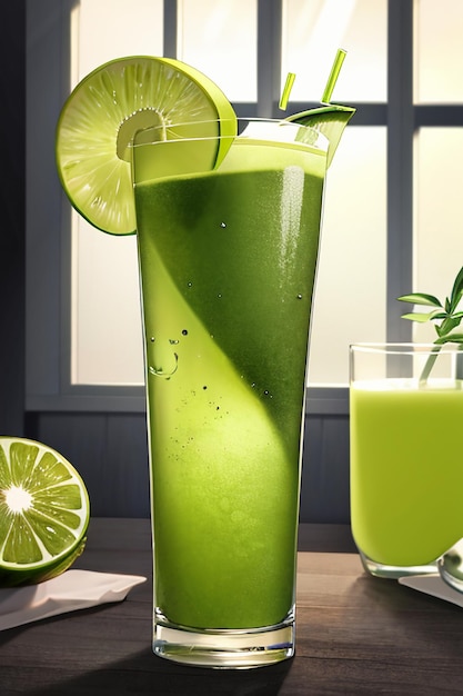 Un bicchiere di deliziosa bevanda al kiwi verde sul tavolo della cucina