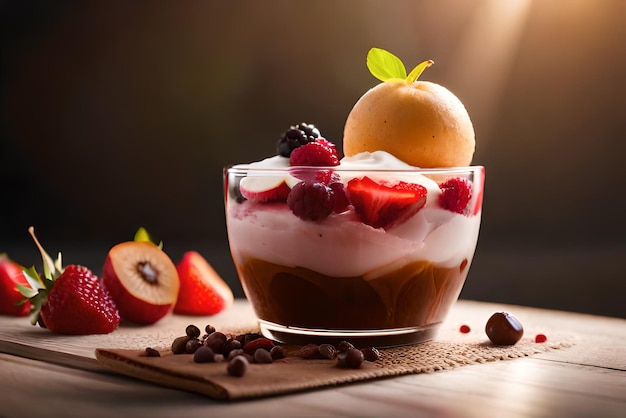 Un bicchiere di dessert alla frutta con una pallina di gelato e una fragola in cima.