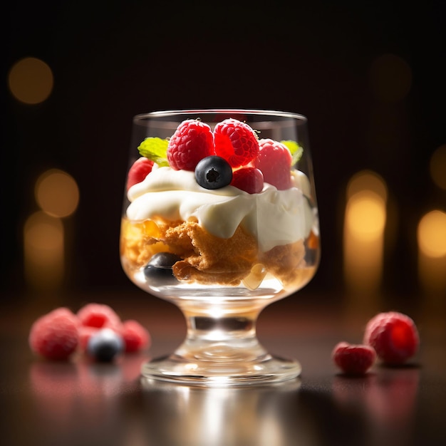 Un bicchiere di dessert con frutti di bosco e uno sfondo nero
