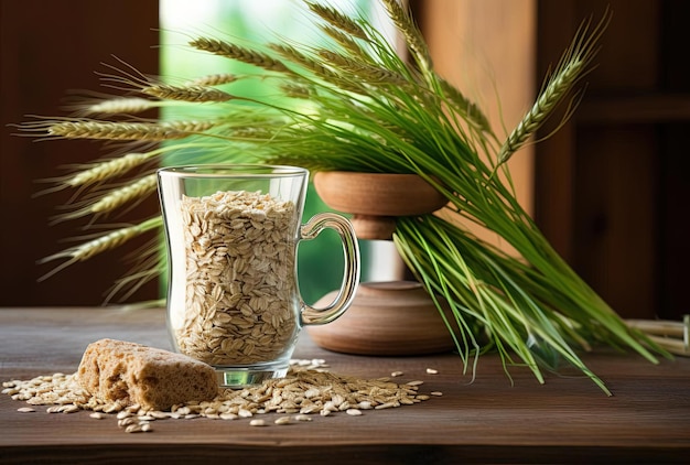 un bicchiere di farina d'avena accanto a un barattolo di grano