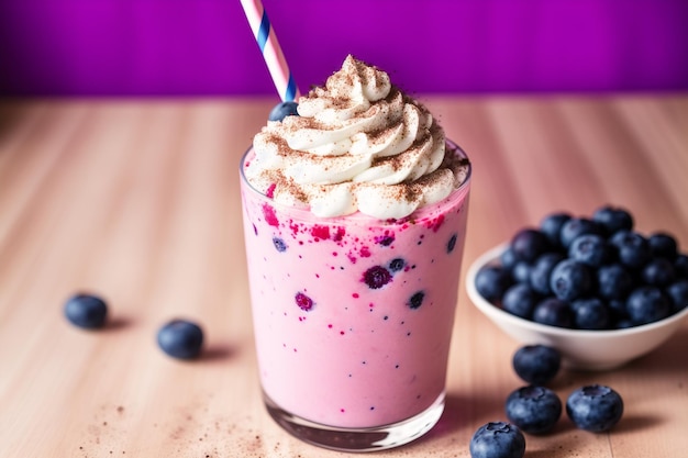 Un bicchiere di frappè ai mirtilli con una cannuccia e una cannuccia.