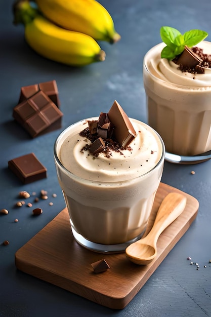 Un bicchiere di frappè al cioccolato con pezzi di cioccolato su una tavola di legno.