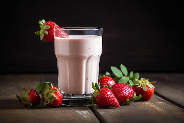 Un bicchiere di frappè alla fragola con fragole su un tavolo di legno