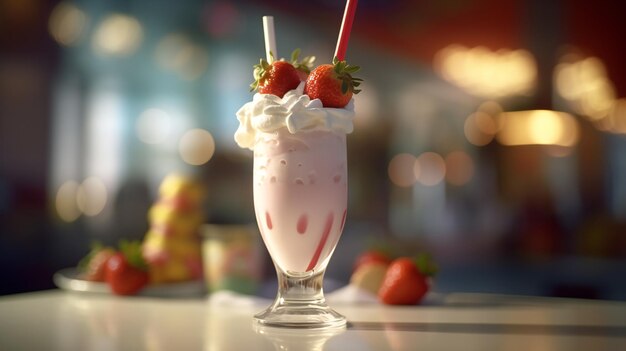 Un bicchiere di frappè alla fragola con panna montata e fragole