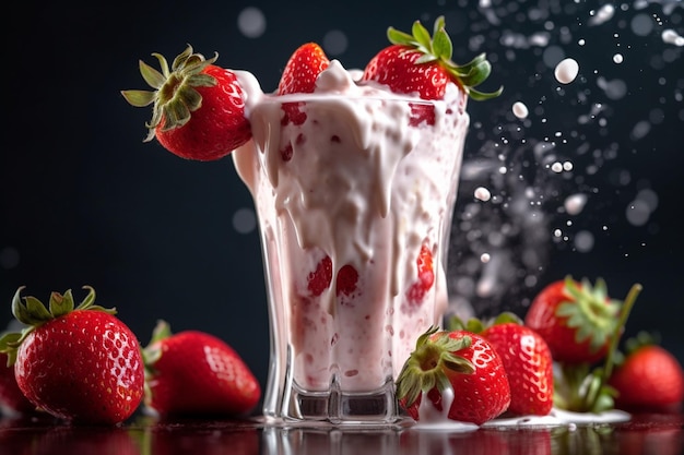 Un bicchiere di frappè alla fragola con una spruzzata d'acqua sul tavolo.