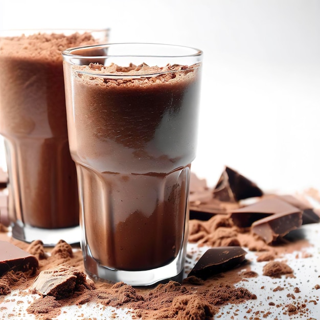 Un bicchiere di frullati di cioccolato su sfondo bianco