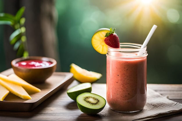 Un bicchiere di frullato di fragole accanto a una ciotola di ketchup e una ciotola di ketchup.