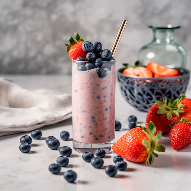 Un bicchiere di frullato di fragole con fragole sul lato.