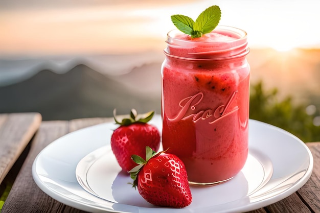 Un bicchiere di frullato di fragole su un piatto con un piatto e due fragole sul lato.