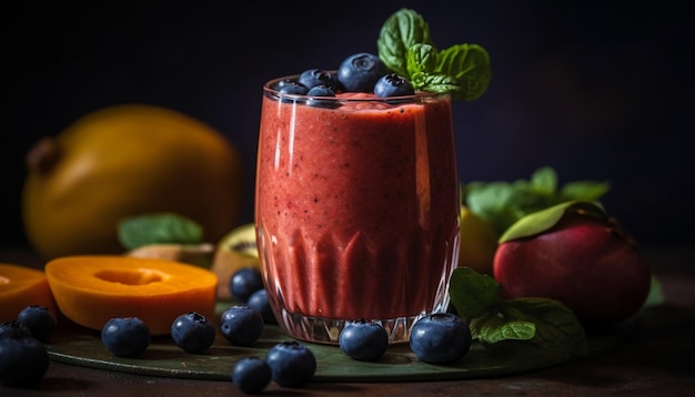 Un bicchiere di frullato di frutta con mirtilli su un piatto verde.