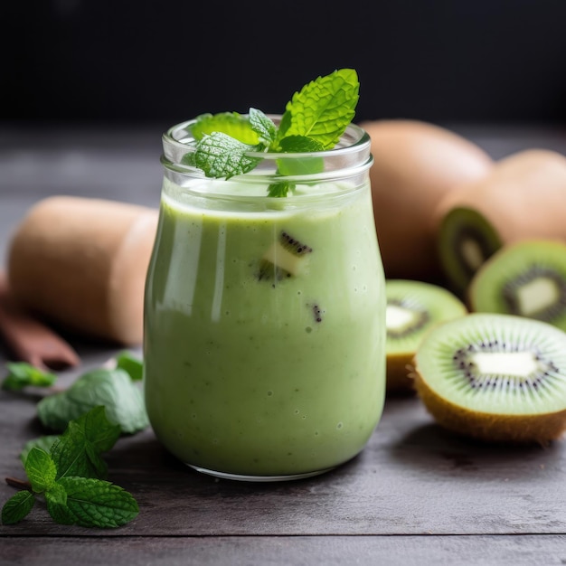 Un bicchiere di frullato di kiwi con foglie di menta e qualche kiwi su un tavolo di legno.