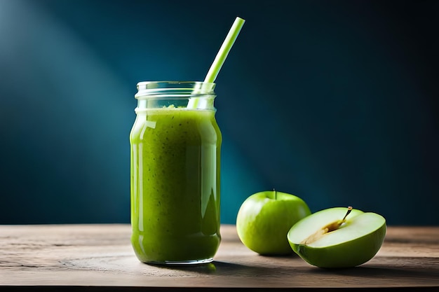 Un bicchiere di frullato verde con accanto una cannuccia